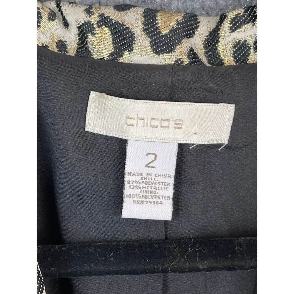 Chico's Women's Animal Print W/Gold Metallic L/S Blazer Jacket‎ 2 Large